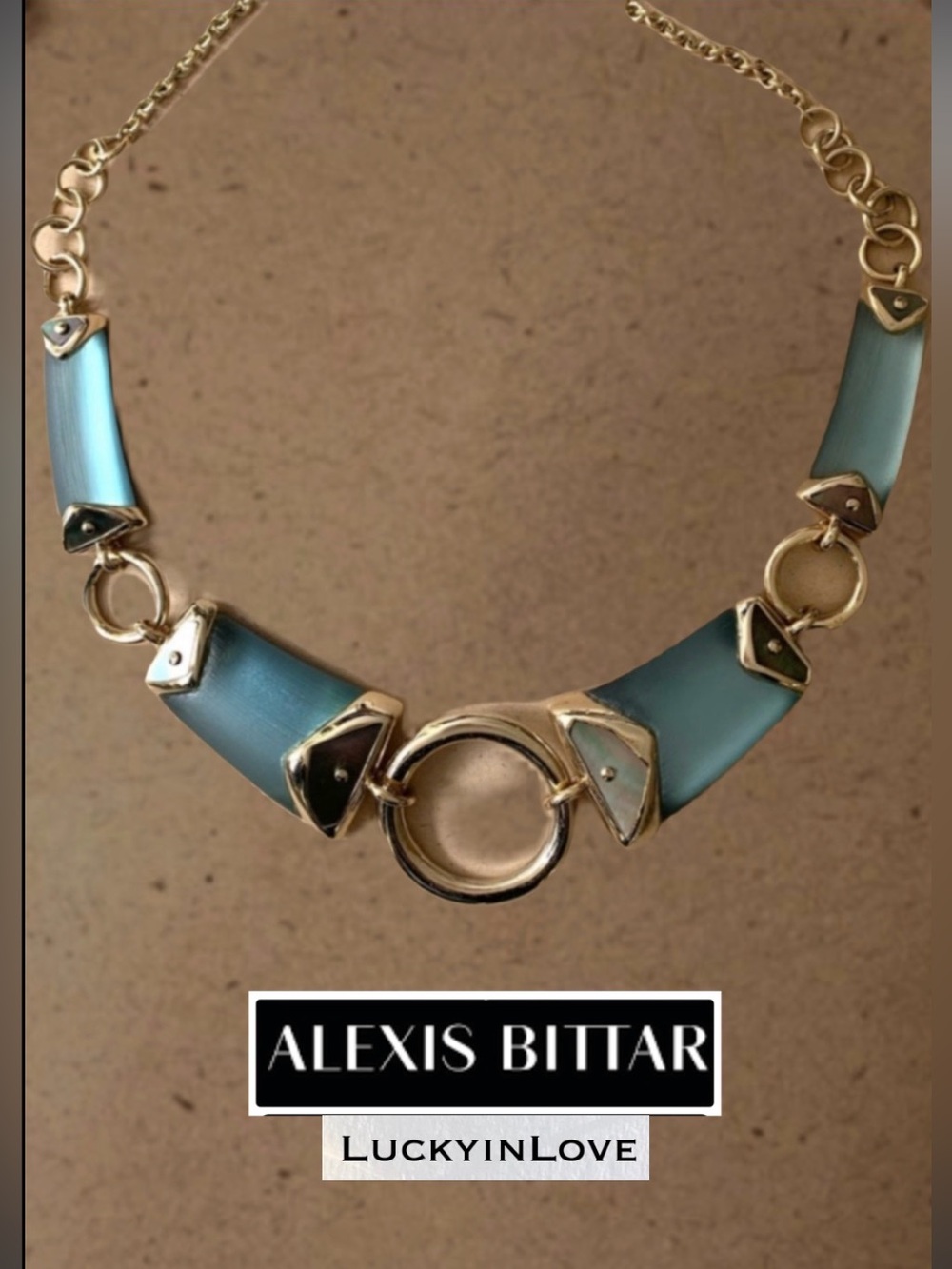 ALEXIS BITTAR • Rare Vintage Grey Blue Lucite Abalone Inlay O Link Necklace